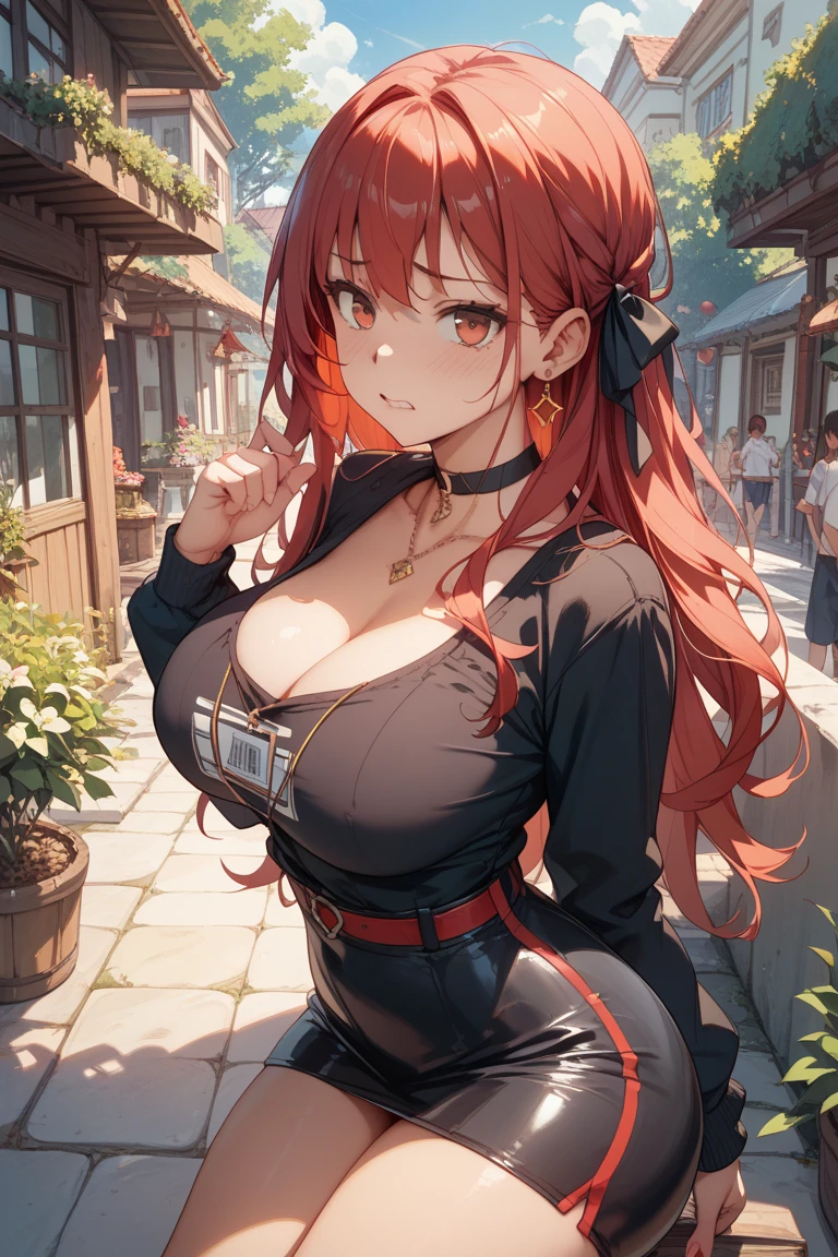 (masterpiece, best quality, ultra detailed, absurdres:1.5), 1girl, (sexy, beautiful woman, perfect face, perfect eyes, perfect female body, medium breasts:1.5), (ChaldeaUniformFemaleUniform, chaldea uniform, belt, black skirt, black pantyhose, white boots, long hair, red hair, blunt bangs, side bangs, <lora:ChaldeaUniform:1>), (standing, outdoors, hills, Japanese city in background), perfect lighting, smooth, hdr
