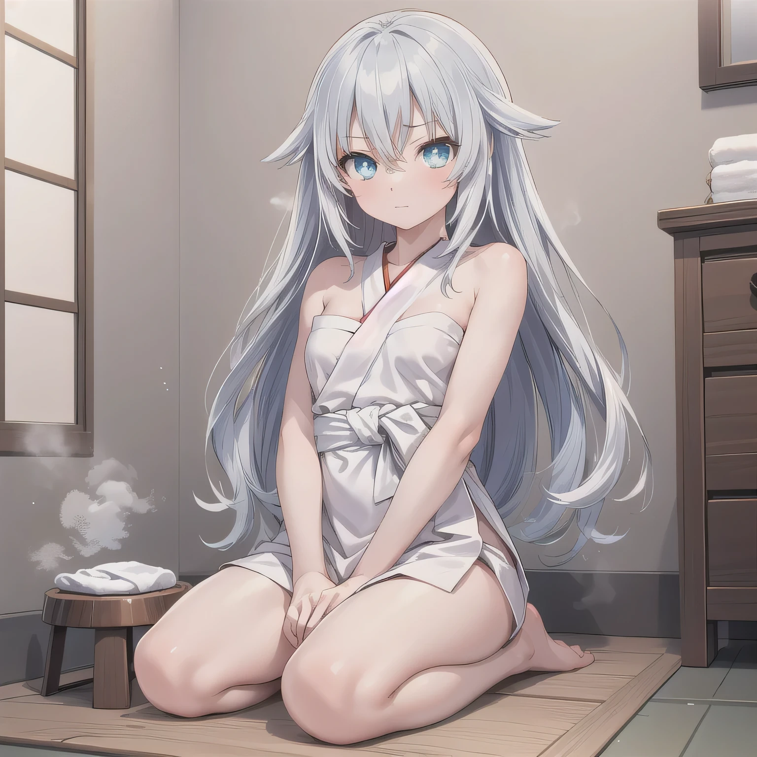There was a woman sitting down,Full-figured,long whitr hair,mole under right eye,wan adorable korean face,Raise your right hand to grab the hair,Hair coiled into a bun, young cute wan asian face, Soak your feet in a foot bath shop,A smile bigeyes90s style anime retro