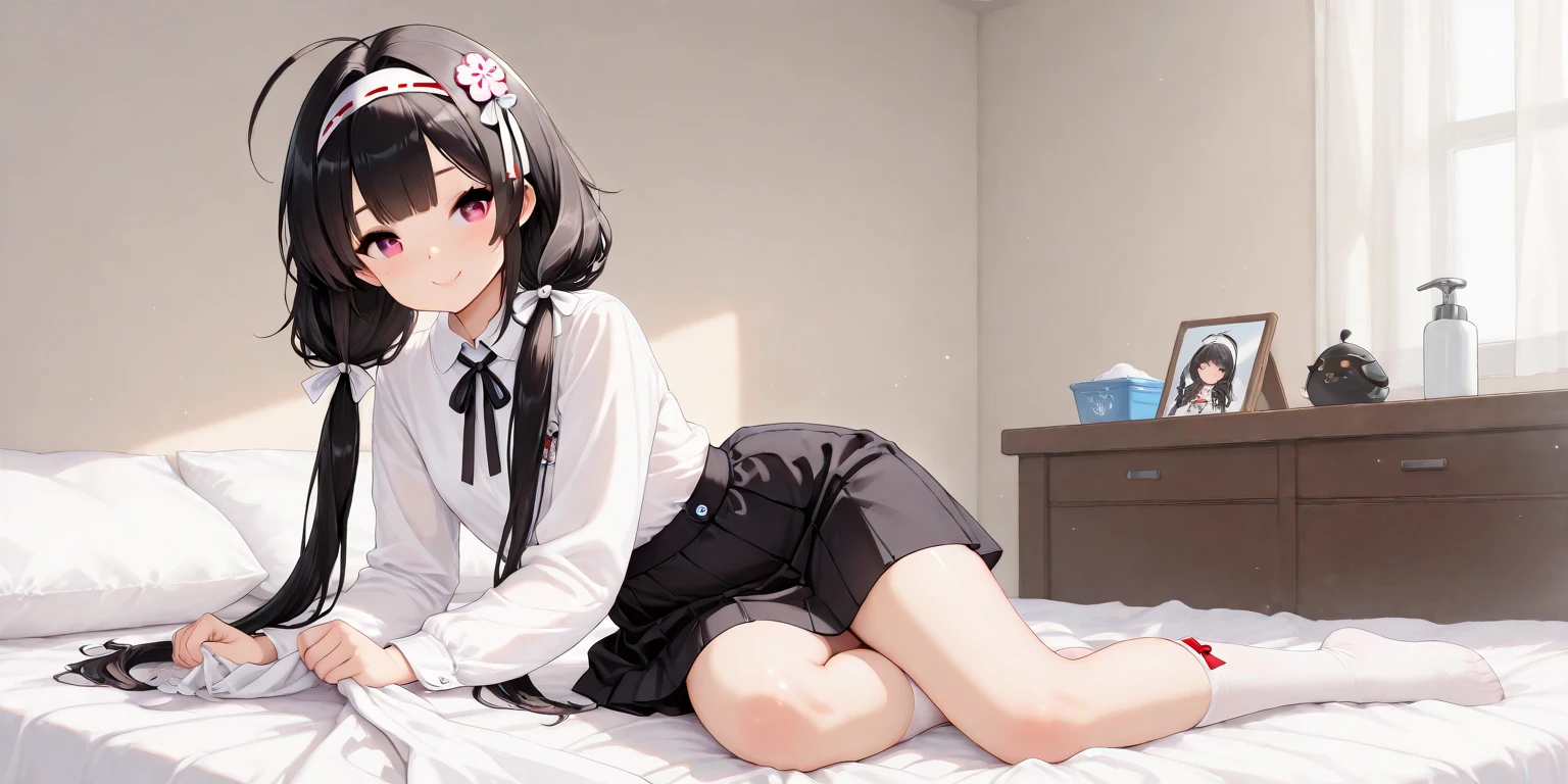 (1) there is a woman, Lift up your skirt and show me your panties. she wears black lace panties.
(2) that woman is a nurse, She is wearing a pink nurse uniform with a long skirt., nurse hat, socks and nurse shoes, with short black hair.
(3) her expression is seductive、Has a fearless smile。.
