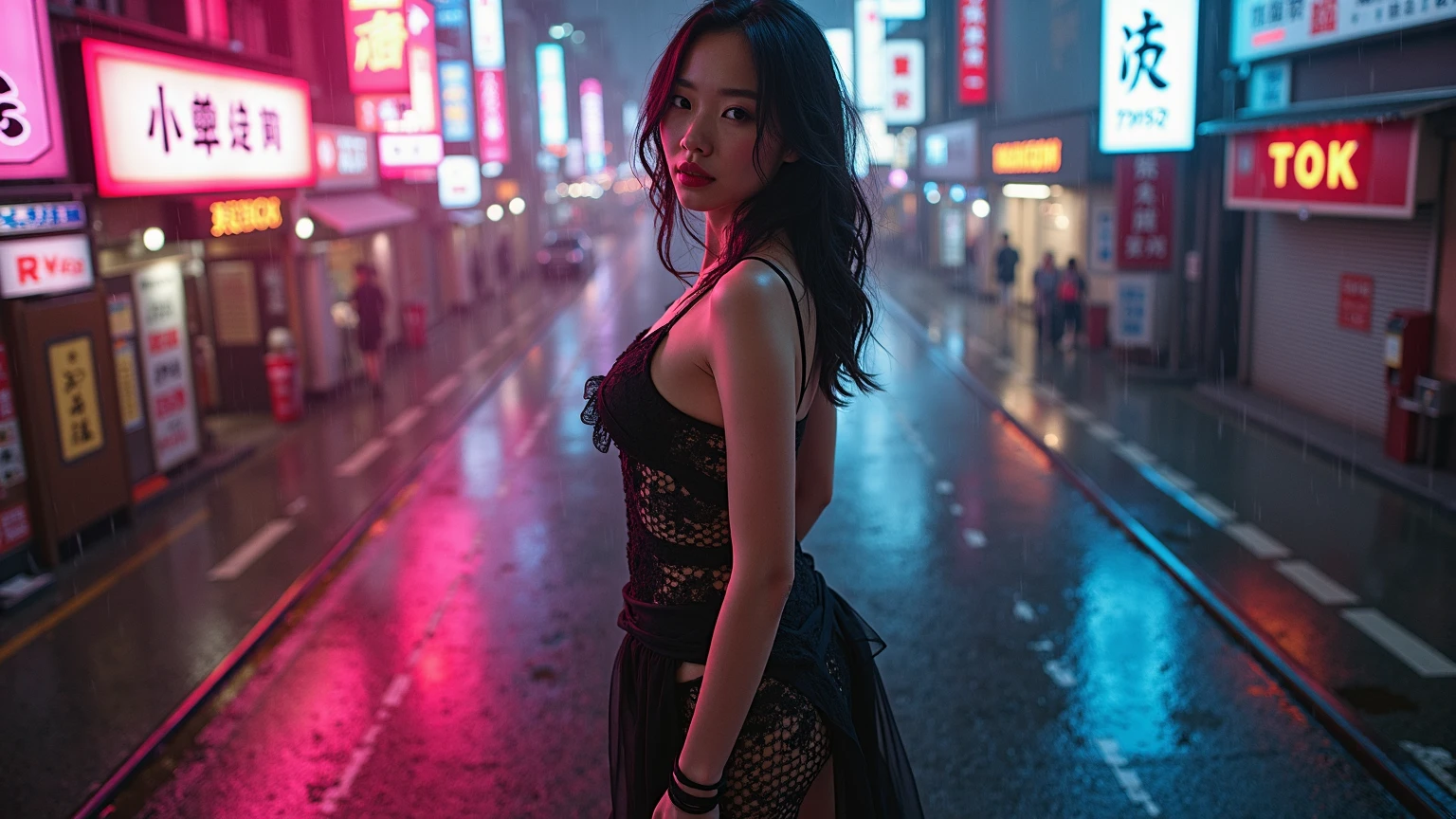 Neon city streets of cyberpunk, masterpiece, nsfw, asian in black dress, punk, high definition, sex, cum
