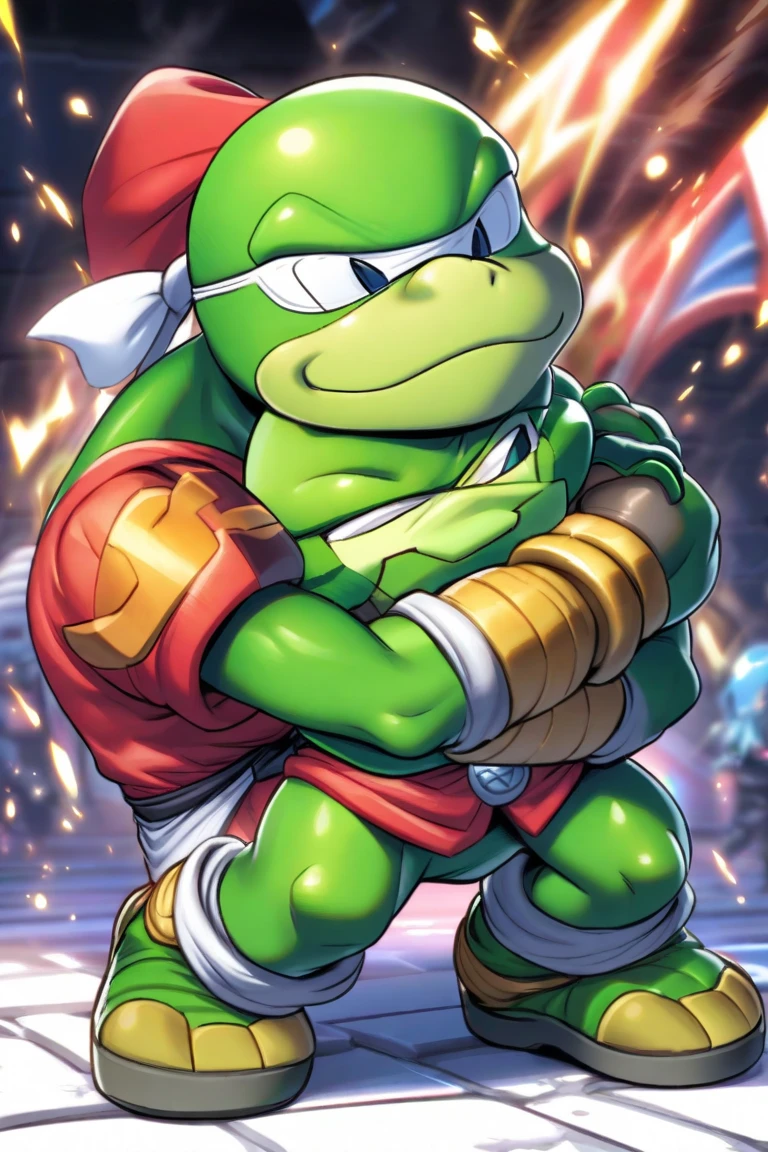 Lucario, muscular, Red scarf, Red Cap, green vest, shorts azules 