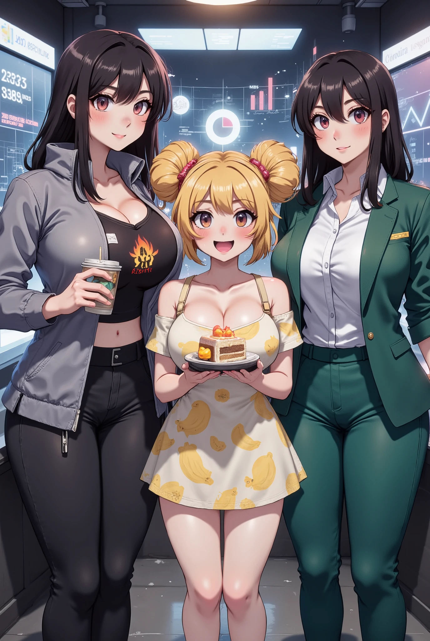 （（super high quality,Ultra-high resolution,16K,super masterpiece,Ultra HD ,Detailed shading,））Park at night,（（３People Women,Sexy older sisters））,Cleavage,Yellow jumpsuit,White belt at waist,popped Tight collar,smile,blush,Sweaty,holding a microphone in his hand,A small amount of drooling,