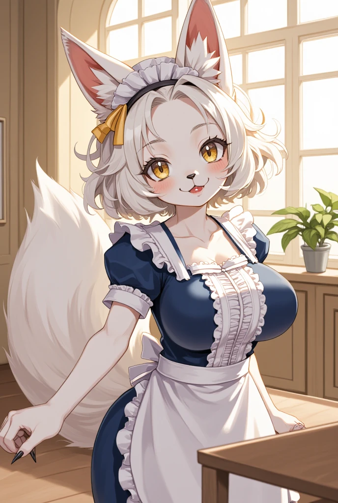 ultra-detailed, top quality,perfect anatomy,furry girl, furry anime girl, kemono, cat girl, (shy:1.2), gloomy,(saggy eyes:1.2), blue eyes, unusual teeth,shy face,(smile:1.3), huge tits, big ass,puffy nipples,minimum waist, long white hair, low ponytail,standing,Seductive pose,spread legs,Skirt-Lift,frilly dress,sheer lingerie,stockings