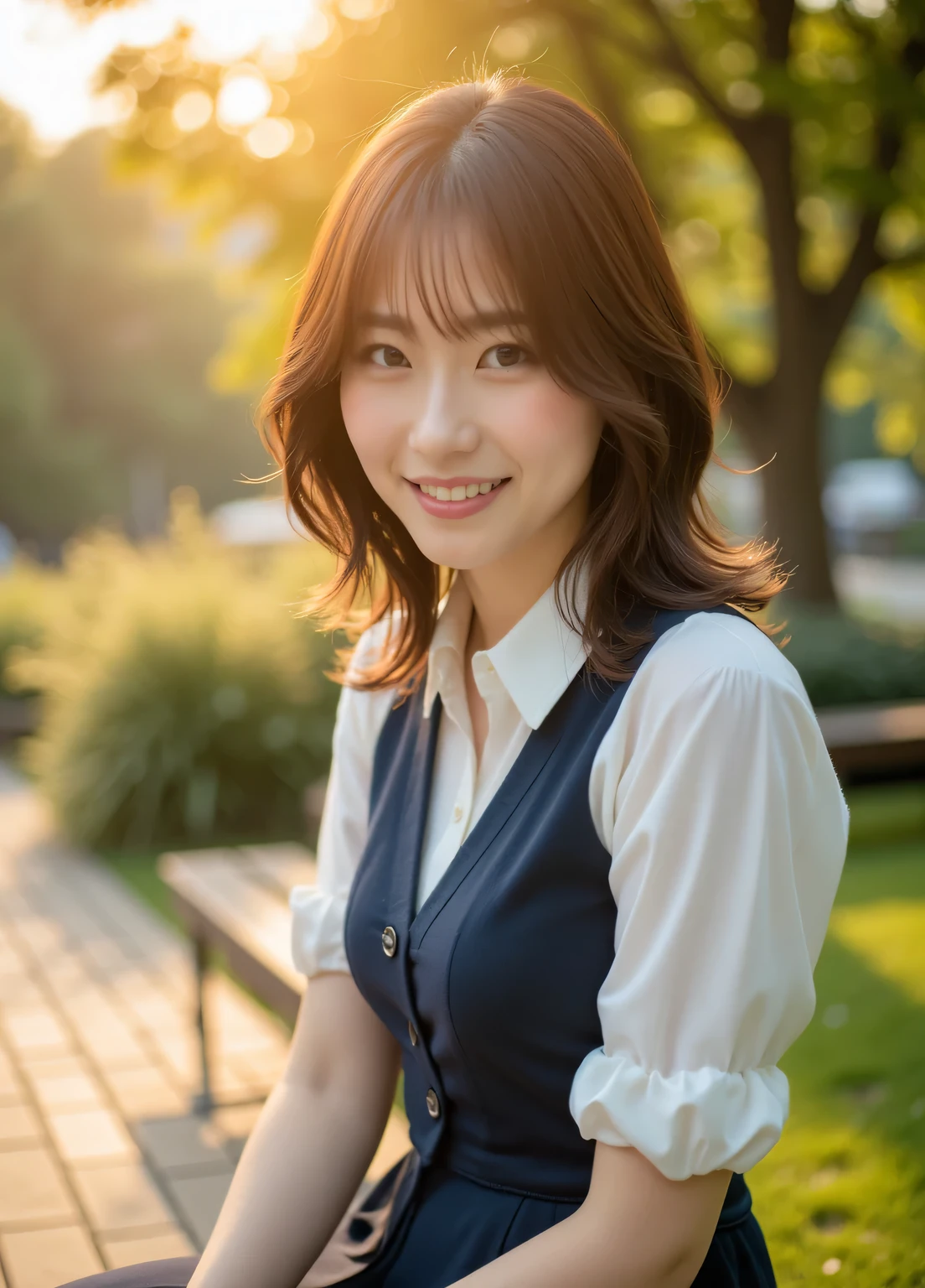 in 8K,Best Quality:1.4, 超A high resolution:1.5, (Photorealistic:1.4),masterpiece:1.2,(top-quality:1.4)、Raw photo、1a japanese girl、Cute、 (RAW フォト:1.2), (フォトリアリスティック:1.4), 美しい詳細な少女, とてもよく詳しい eyes and face, 美しく詳細な目元, 非常に詳細な, 高解像度, とてもよく詳しい, 最高品質, 傑作,(((オフィスレディの制服))), 素晴らしい, 細かい詳細, 傑作, 最高品質, はにかんだ笑顔の1人の, ((ダイナミックなポーズ)), ((パンティストッキング), (パンティストッキング and legs)), (Shy smile:1.3), Smooth skin、30-years old:1.5、Beautiful black eyes、natural skin textures:1.3, realistic eyes and face details、 (Brown medium hair),、middlebreasts、下からのアングル、公園でのデート、美脚、夕日、楽しげな女性