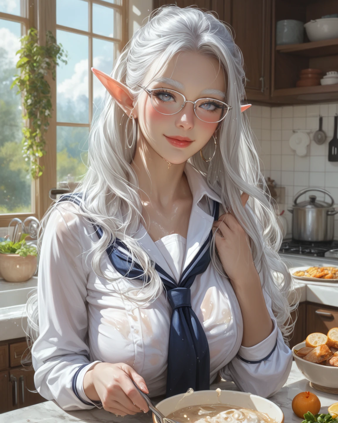 Elaina showing her bra_(May_no_gossip), amazing, masterpiece, 4K,, One girl, feminine, beautiful, cup, Grey Hair, Big magic hat + Top is black、Inside is purple, blue eyes, White shirt, Yellow ribbon, Black Robe,, cute, View your viewers, smile, Magical girl, Background Medieval Europe, Glowing Eyes, living, In front of the fireplace