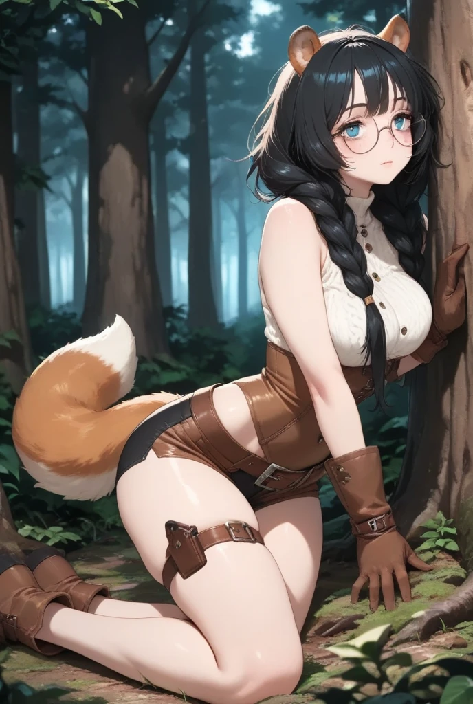 ((masterpiece, best quality)), (1 girl, small breasts), tan marks, dark skin, tan, disgust, from below, standing, hands on hips, upper body, wide shot, red long hair , cat ears, (cloak, glasses, lower milk), (breast harness, muscular, wide hips, thick thighs, navel, thigh strap, leather long pants), boots, ((holding a dagger in the handle, dagger&#39;s Battle posture, outdoors, adventurer, bandit \(final fantasy\) ))), forest, dungeon background, nature, medieval, reflected light, raytracing, delicate background, ((wide shot)) ((detailed face Features)), Shallow Depth of Field, [Volume Fog], Cinematic Lighting, Reflections, 8K Resolution, Subtle, Absurd, Realism, Absurd, High Detail, (Ray Tracing), High Resolution, Ultra Detail, Physics Base Rendering, Surreal, Natural Light, (Highly Detailed CG 8K Wallpaper), (Very Delicate and Beautiful), (Masterpiece), (Highest Quality: 1.0), (Ultra High Resolution: 1.0), Beautiful Lighting, Realistic Shadows, [HiRes], Detailed Skin, Super Detailed, (Realistic, Photorealistic: 1.4)