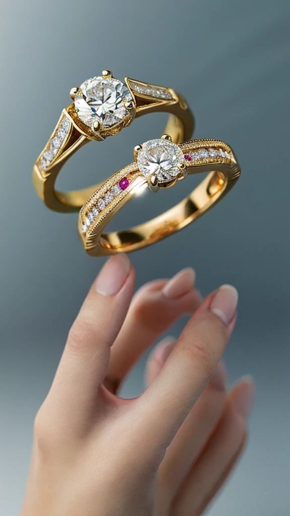 "High-resolution 3D rendering of a pair of luxurious yellow gold engagement rings. Each ring features a brilliant round-cut diamond solitaire in a six-prong setting. The ring bands are encrusted with small round diamonds in a pavé setting along the top half. The rings are artistically arranged, with one standing upright and the other lying down, slightly leaning against each other. Studio lighting, soft shadows, and a clean light gray gradient background. Hyper-realistic detail, sharp reflections on metal and gems, premium product photography style."
Optional Advanced Settings (if SeaArt allows it):
Style: Photorealistic / 3D render / Jewelry
Quality: Ultra / HD / 4K
Aspect Ratio: Square (1:1) or Landscape (4:3)