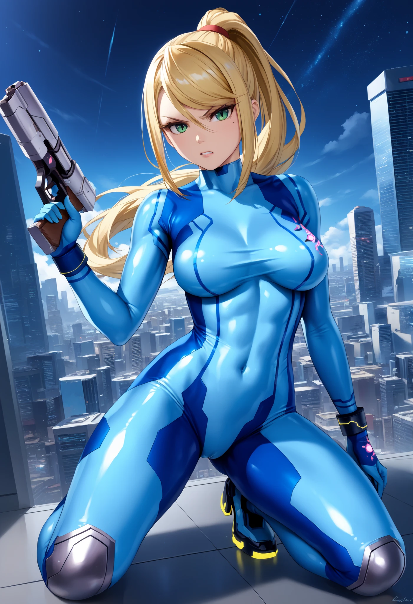 masterpiece, best quality, integrated scenery, integrated background, extremely delicate and beautiful, meticulous details, good composition, , cute face, perfect face, perfect hands, 1girl, Samus Aran (\Metroid\) very_young_1teen,solo, ponytail, blond hair, (blue_metallic_bodysuit:1.5), meticulously_body_shaped_bodysuit,thin_bodysuit, green eyes,angry, in futuristic city, high quality, large_breasts,(covered_nipples:0.2),crotch,crotch_slit,apart_legs,slouch,handgun,raise_knee,mole,:).,(abs:0.1),dynamic_pose,short_boots,aiming_handgun,