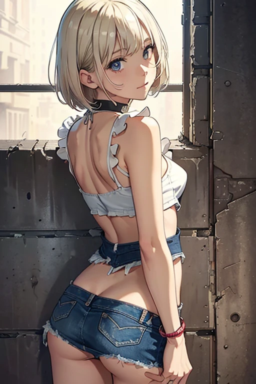 (Superflat, Flat Shading, flat-colors:1.1)、(Magazine Cover)、Illustrations、(Beautiful platinum blonde hair、short-hair、American boyish girl)、crotch open、Smiling、Draw so that the crotch cloth of the beige underwear is visible.、Skirt flipping、((Torn and tattered denim skirt、Beige panties))、Choker、When I look through the viewfinder、A bracelet、Thigh strap、Body Painting、Head tilt、8K resolution、intricate clothing、Intricate details、1girll、Solo、a blond、Standing、Cowboy Shot、Arms at sides、a miniskirt、Detailed panties、((from behind、hindquarters、heart cutout、hip incision))、Volumetric lighting、Soft light、Bright、neons、Vibrant colors、watercolor paiting、
