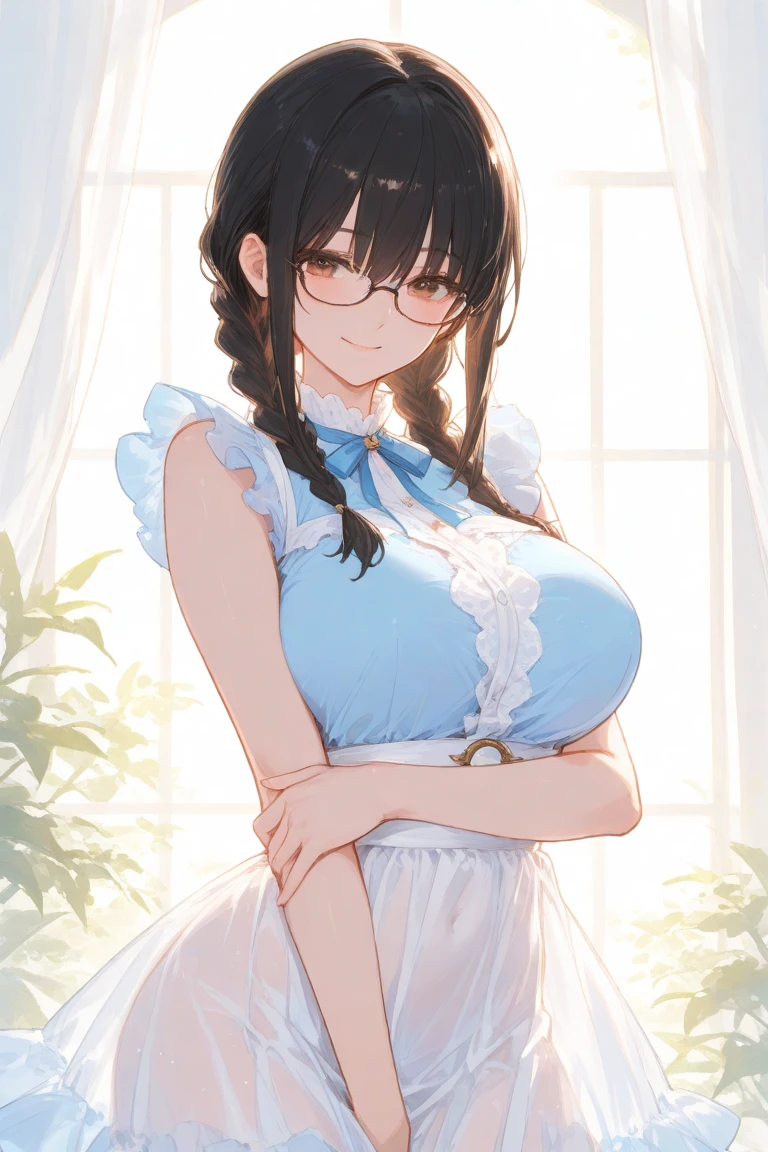 ((masterpiece)), ((best quality)), (ultra-detailed), ((kawaii)), cute, (lovely), ((sexy)), (ero), ((extremely detailed)), 4K, (8K), best quality, (beautiful),
in the classroom, sofa, M leg,
a cute girl, 1girl, solo, ((beautiful blue eyes)), beautiful black twintail hair, glasses,
maid uniform, garter belt,
buttocks, large breast, sweaty, wet body, slim, slender, ribon, ashamed, blush, shiny-glistening, gleaming,