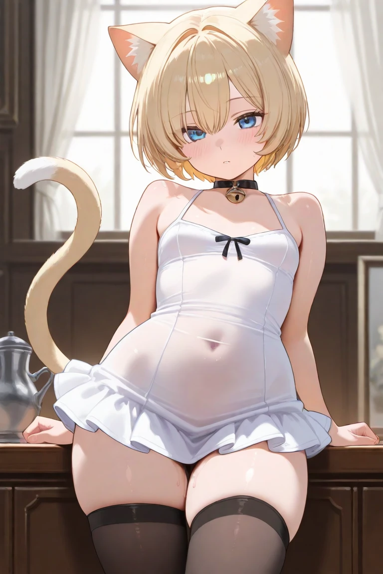 1 girl, pastel colours, yellow hair strokes, Cyan eyes, Short Hair Hair, small cat ears, short skirt, A lot of hairpins on the hair, Shoulders open, Hands open, skinny waist, Happy smile, little chest, small girl, transparent background, white background, No background, naked, nsfw, exposed breasts, exposed vagina , naked girl, big breasts, naughty girl, nude