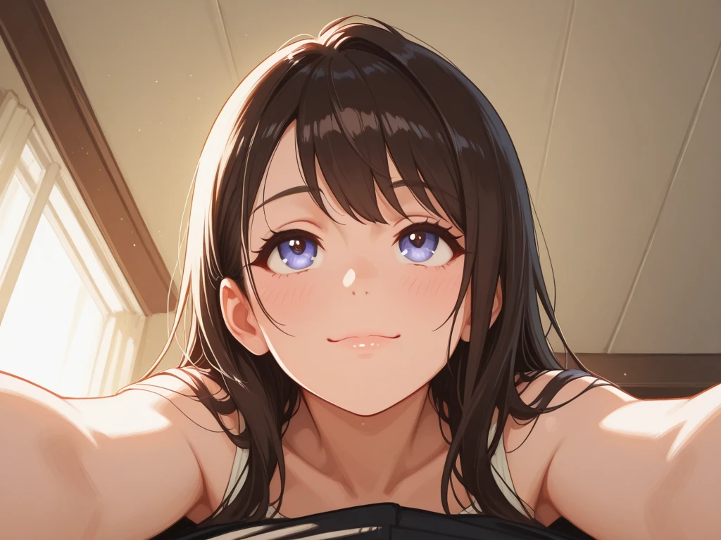 1girl, woman in bedroom, mouth open with saliva string, drooling from mouth, purple hair