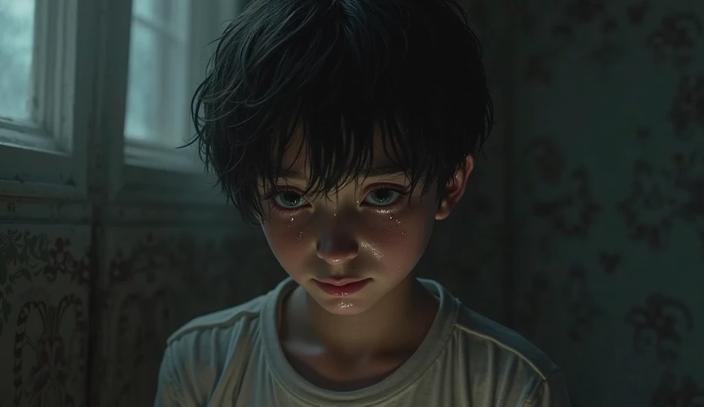 Boy watches the moon at night from home