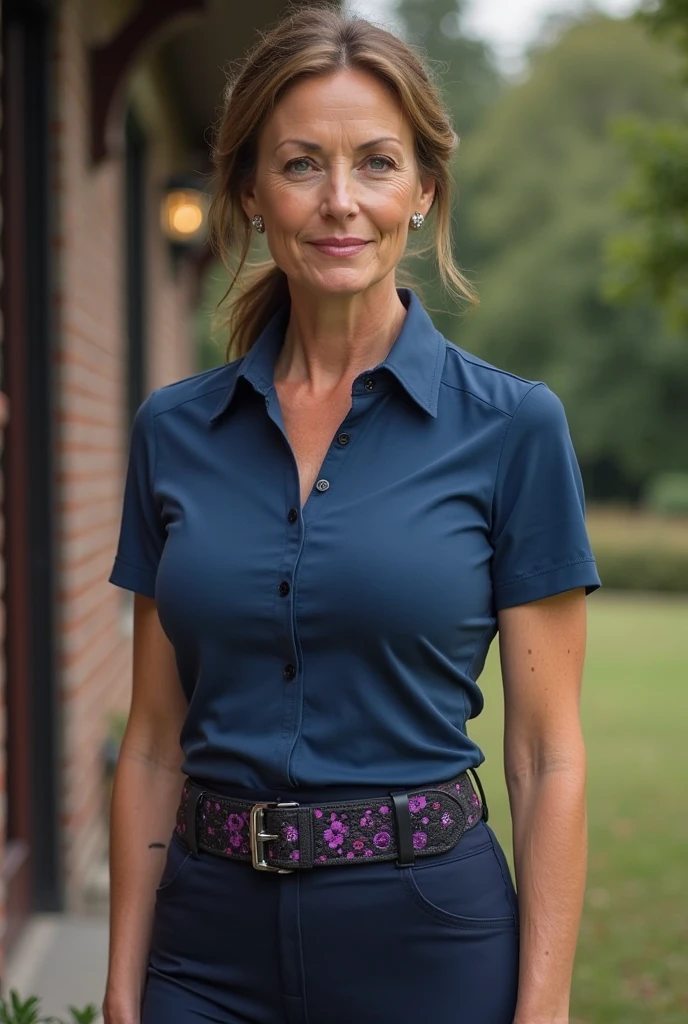 (Muscular:2), (large round breasts:1.1), (large muscular chest and shoulders:1.4), FEMALE, brown hair, long brown hair, (big smile:1.6), (wearing a tight blue short sleeve Polo shirt and skirt:1.5), looking at viewer, (three quarter view:1.2), upper body view, (sidewalk:1.5), dark lighting, detailed skin, detailed eyes, (dark skin:1.4), (huge round muscles:1.6),