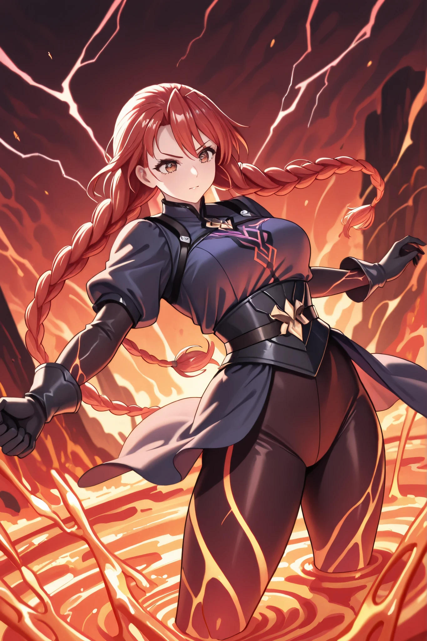(best quality,4k,8k,highres,masterpiece:1.2),anime style,Kamado Douko from Demon Slayer,fiery red hair,intense gaze,traditional demon-slaying attire,slight sweat on brow,long sword slung over shoulder,ready for action,echoing roar of demon in background,girl stands boldly with determined expression,intense and focused eyes,tip of tongue peeks out from lips,dim light flickering against scarlet hair,fiery glow,demon's eyes meet hers,battle fueled by adrenaline,danger,and valor.Enlarge your breasts and buttocks!Full body depiction! Long hair, more sexy！More erotic！