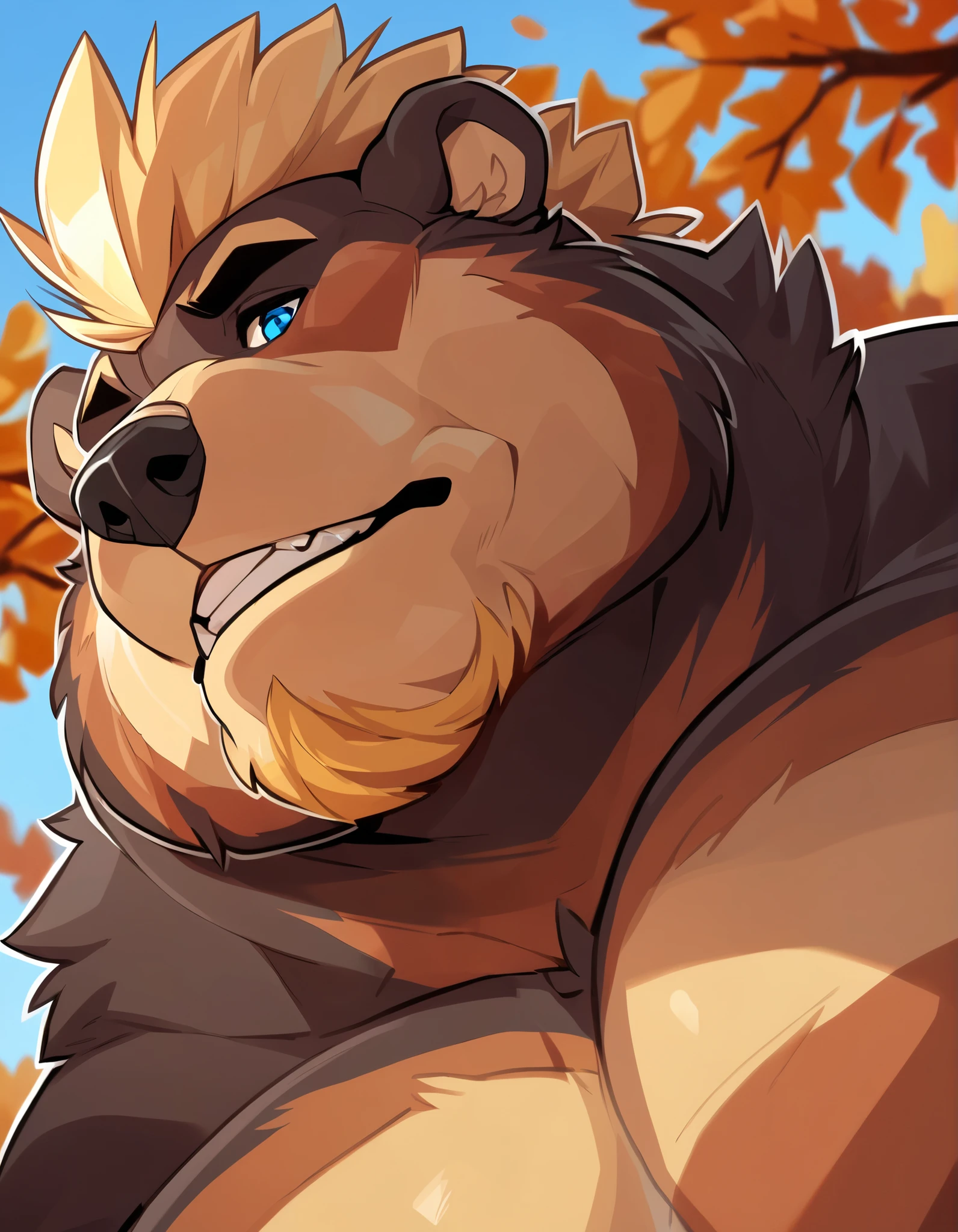 Close-Up Portrait: Sarcastic obese Kodiak Bear; showing off his perfect physique and perfect anatomy; Black/Blond fur, light beard, Mohawk hairstyle, piercing Blue Eyes, large muscles, Detailed body fur, burly huge stature; masterpiece, Anime Style, Two-tone body fur, Black body furs, clear blond body fur; hard bulky; Detailed face, Thin eyebrows, Fine grain, thick jaw, Detailed body, Autumn cityscape, sunny, Detailed hands, Shining Body, Shiny body, Motion Blur, Dynamic Angle, looking at viewer, close-up OP-POV looking up; by FTGBear;