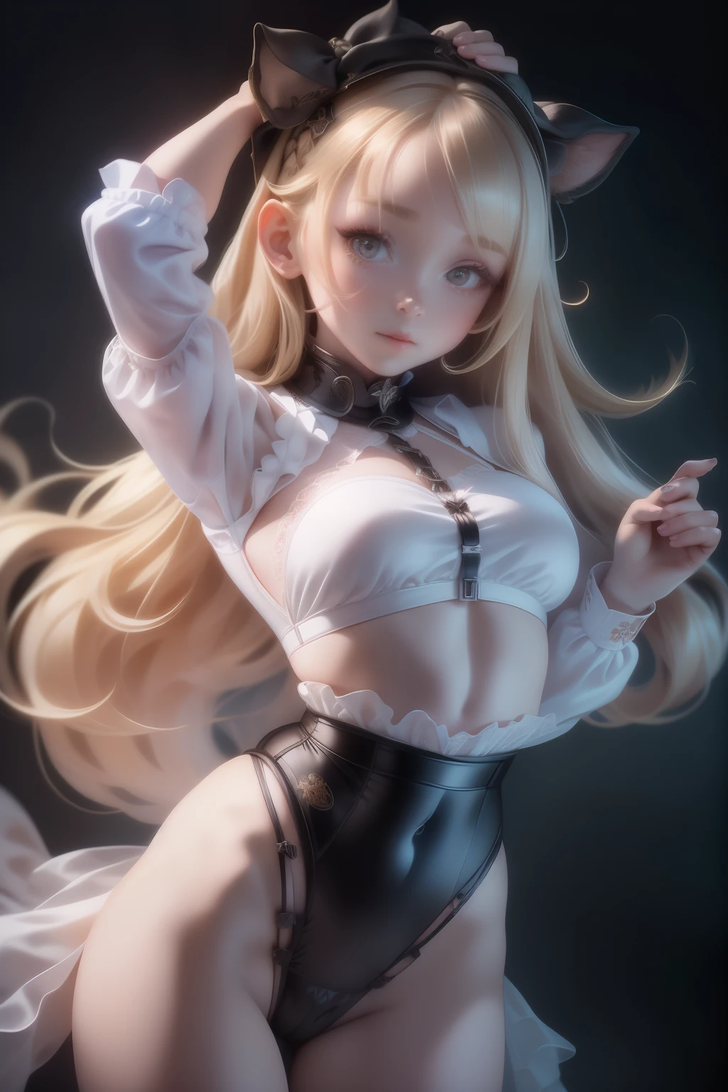 1 Woman_Mature nudity_Shoulders black_Wearing blonde hair_hair blue_Eyes dress gothic_Fashion Gothic Gothic_Lolita Green_Lolita's eyes_fashion long_hair marion_Animal Shaman_Extra large sleeveless_Dress solo thigh high heels very_long_hair
