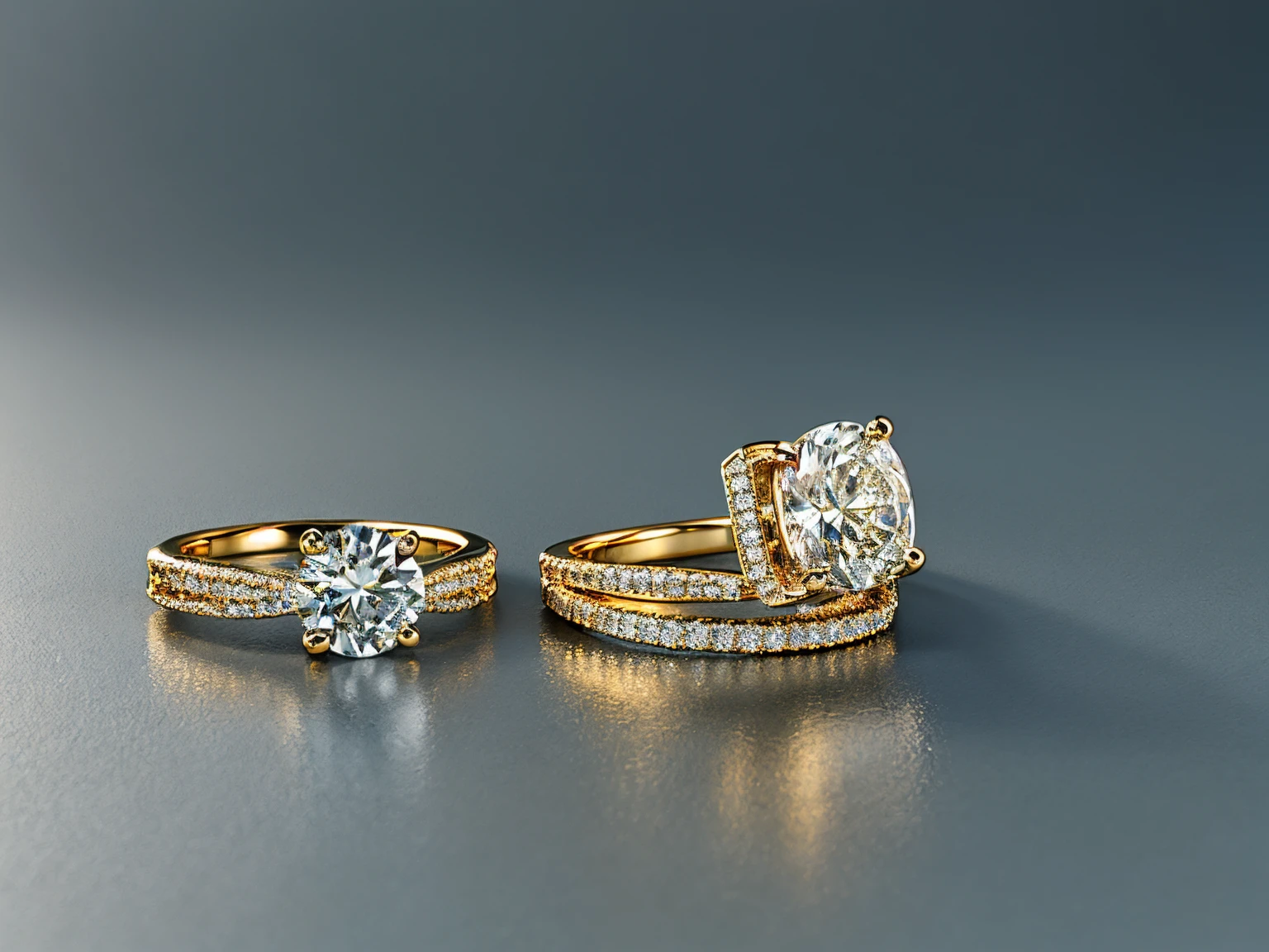 "High-resolution 3D rendering of a pair of luxurious yellow gold engagement rings. Each ring features a brilliant round-cut diamond solitaire in a six-prong setting. The ring bands are encrusted with small round diamonds in a pavé setting along the top half. The rings are artistically arranged, with one standing upright and the other lying down, slightly leaning against each other. Studio lighting, soft shadows, and a clean light gray gradient background. Hyper-realistic detail, sharp reflections on metal and gems, premium product photography style. Optional Advanced Settings (if SeaArt allows it):
Style: Photorealistic / 3D render / Jewelry
Quality: Ultra / HD / 4K
Aspect Ratio: Square (1:1) or Landscape (4:3)