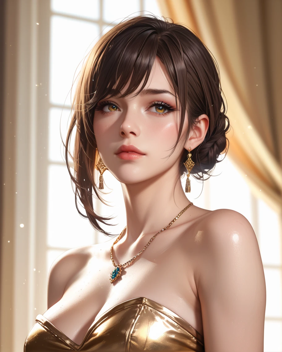 Princess , in lighting castle , detailed hand , high quality, super quality, (detailed face:1.2), beautiful woman , golden eyes, long hair , gorgeous dress, tiara, necklace , earring , sharpe eyebrow , beautiful bangs are covering her eyes , mega breast ,silver and pink mesh hair