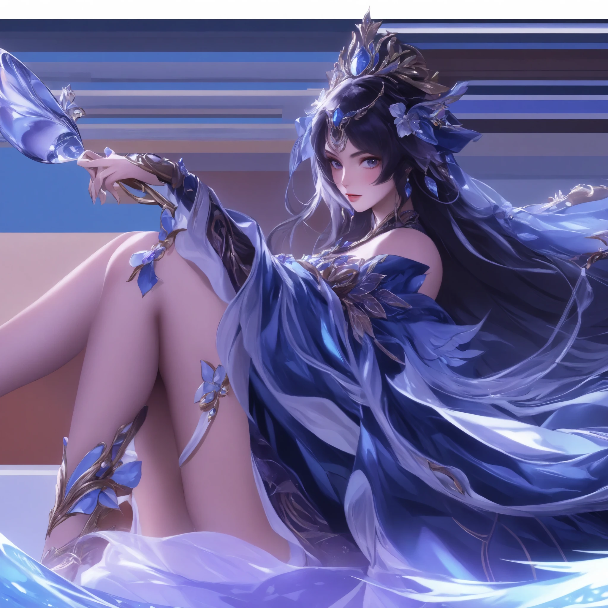 the night,ocean floor,Deep in the sea,From below,over knee socks,Water waves,abyssal,22 year old,realisticlying,She wears a colorful Hanfu long dress,Wide sleeves,Off-the-shoulder attire,One shoulder,Expose the lateral breasts,huge tit,Exposed cleavage,Extra-long colorful hair,Color gradient for long hair(1.5),Messy hair,Hair pressed under the body,Barefoot,realskin,realcumAI,Snow-white skin,Snow-white thighs,Top image quality,Extreme light and shadow,Black tights,Handsome pose,