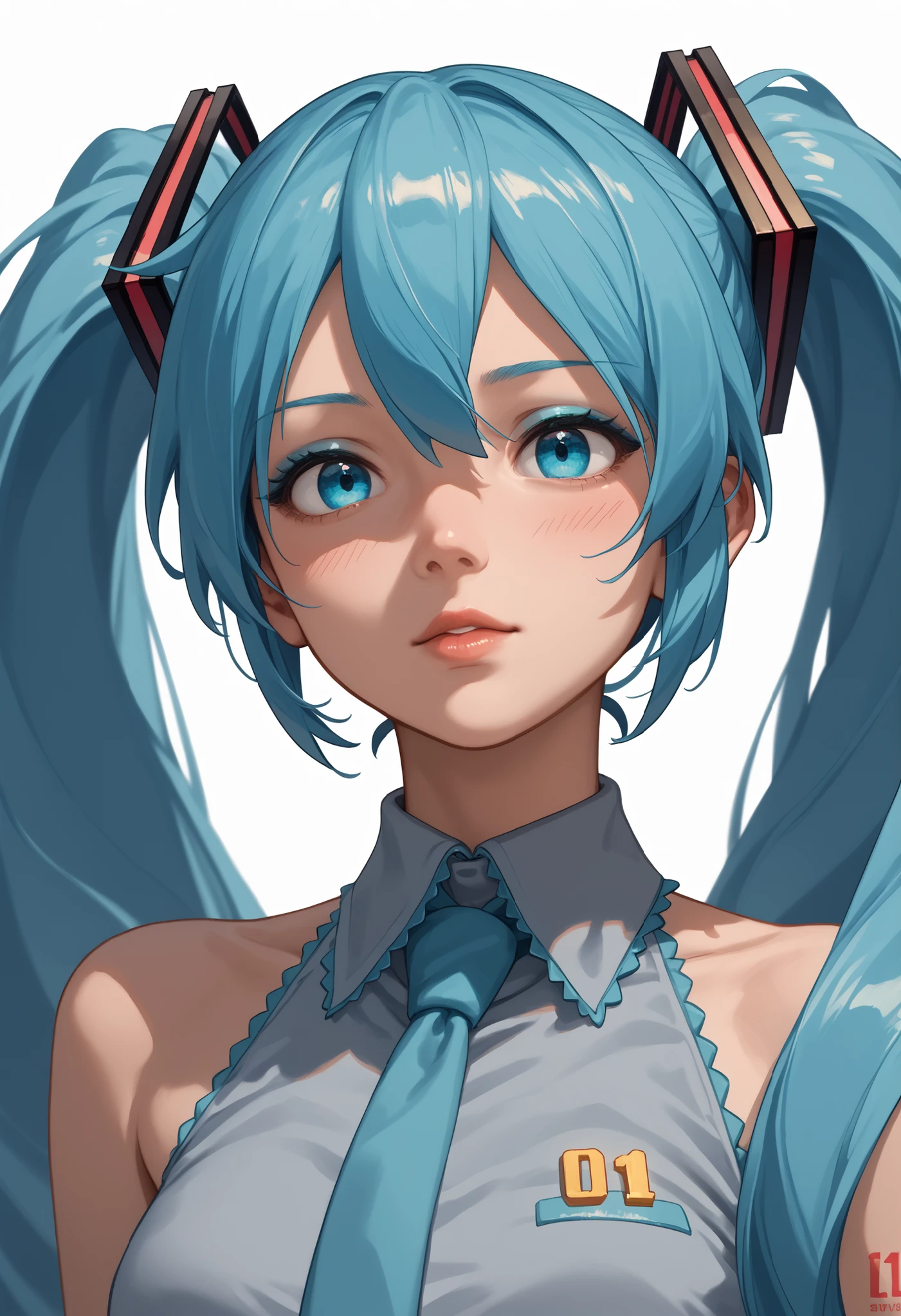 Hatsune Miku, Light Blue Hair, long hair, shiny hair, twin tail
Dark blue and light blue gradation eyeshadow for the eyes, A design that makes the eyes stand out even more beautifully, The lips are bright blue and light blue two-tone color, from below, angle, Condescending gaze, grins