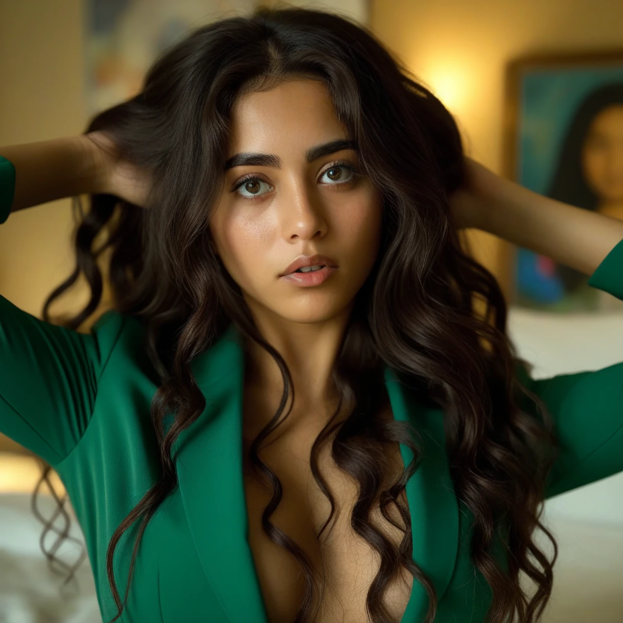 confidential looking, 8k, realistic, raw photo, dark brown hair, brown skin, long hair, clear facial features, very detailed, innocent face, natural wavy hair, high resolution, masterpiece, best quality, intricate details, highly detailed, sharp focus, detailed skin, realistic skin texture, texture, detailed eyes, professional, 4k, shot on Canon, 85mm, shallow depth of field, kodak vision color, perfect fit body, extremely detailed, foto_\(ultra\), photorealistic, realistic, post-processing, maximum detail, roughness, real life, ultra realistic, photorealism, photography, 8k uhd, photography wearing Green suit, in her bed room , arms raised, standing, Camila, latina, 27 years old, long wavy dark brown hair, soft sensual eyes, artistic and bohemian vibe, low-key lighting, cinematic composition, realistic SDXL style, intimate portrait, skin pores, film grain, 35mm style, analog texture