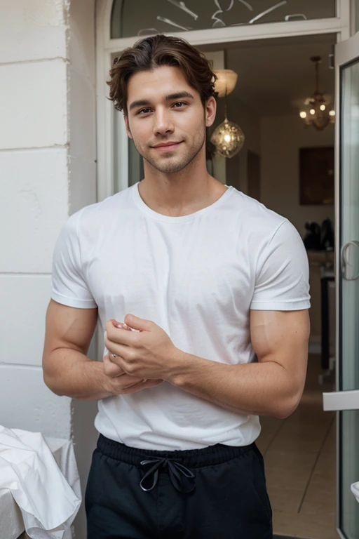 (masterpiece), 28yo boy average guy, (pleased, leaning against the wall),