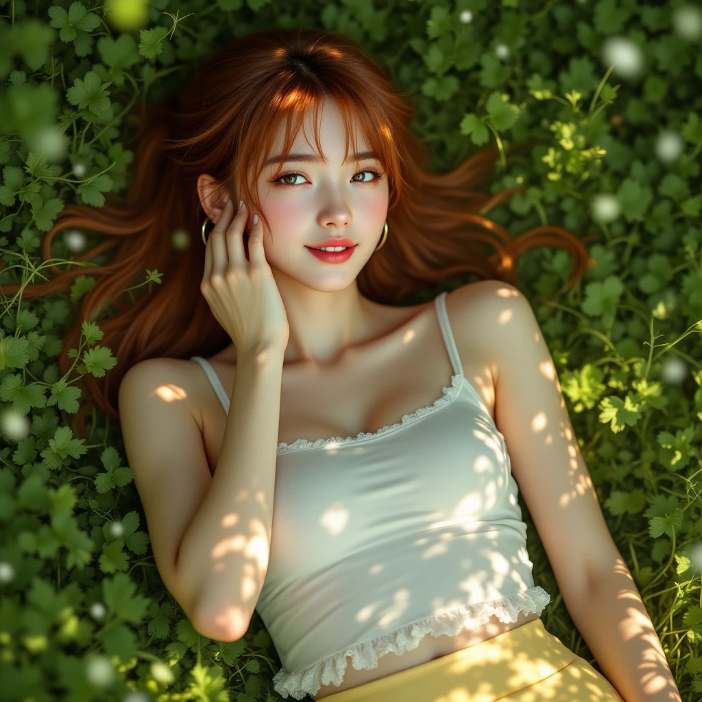 there is a woman sitting in the grass with her legs crossed, redhead woman, redhead girl, red haired goddess, red haired young woman, red haired girl, in green forest, beautiful redhead woman, in a forest glade, with red hair and green eyes, in a meadow, sitting on green grass, nature goddess, red hair girl, on a green hill