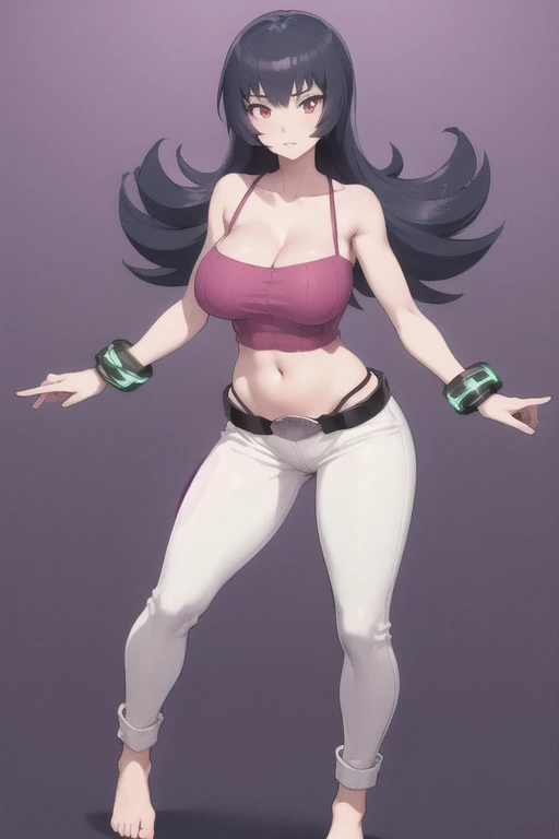 TheSpirit, floating hair ,((blue skin)),green eyes,navel, solo, beach, close up, blush,black skirt, SpiScho,very Long hair, fingernails, black stockings,fat black thighhighs, (insanely detailed, beautiful detailed face, masterpiece, best quality), spread legs, grab belly, ((black crop top)),wide hip, fat belly