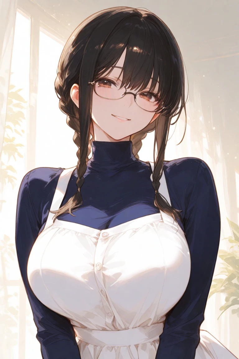 1girl, thick rectangular black rim glasses, a woman with striking brownish black hair and bangs, her brown eyes sparkling with a quiet confidence as she sits at a school nurse desk. Her pale complexion is complemented by a touch of dark makeup and red lipstick, adding depth to her expression. She stands tall, draped in an open white lab coat that hints at her feminine curves. Beneath the lab coat she wears a (red ribbed turtleneck sweater-shirt), that stretches around her ((((massive breasts)))). She has a pair of truly huge breasts. She also wears a tight black pencil-skirt that shows off her plump mature curves. .,sweating,,smile, 9 head body lenth, dynamic sexy pose, (artistic pose of a woman),(upper body,from_above:1.3), soft areola bumps on breasts, swooping breasts, ((heavy sagging breasts)), ((red sweater-shirt)), ((white science lab coat)), (black skirt), (soft squishy breasts),