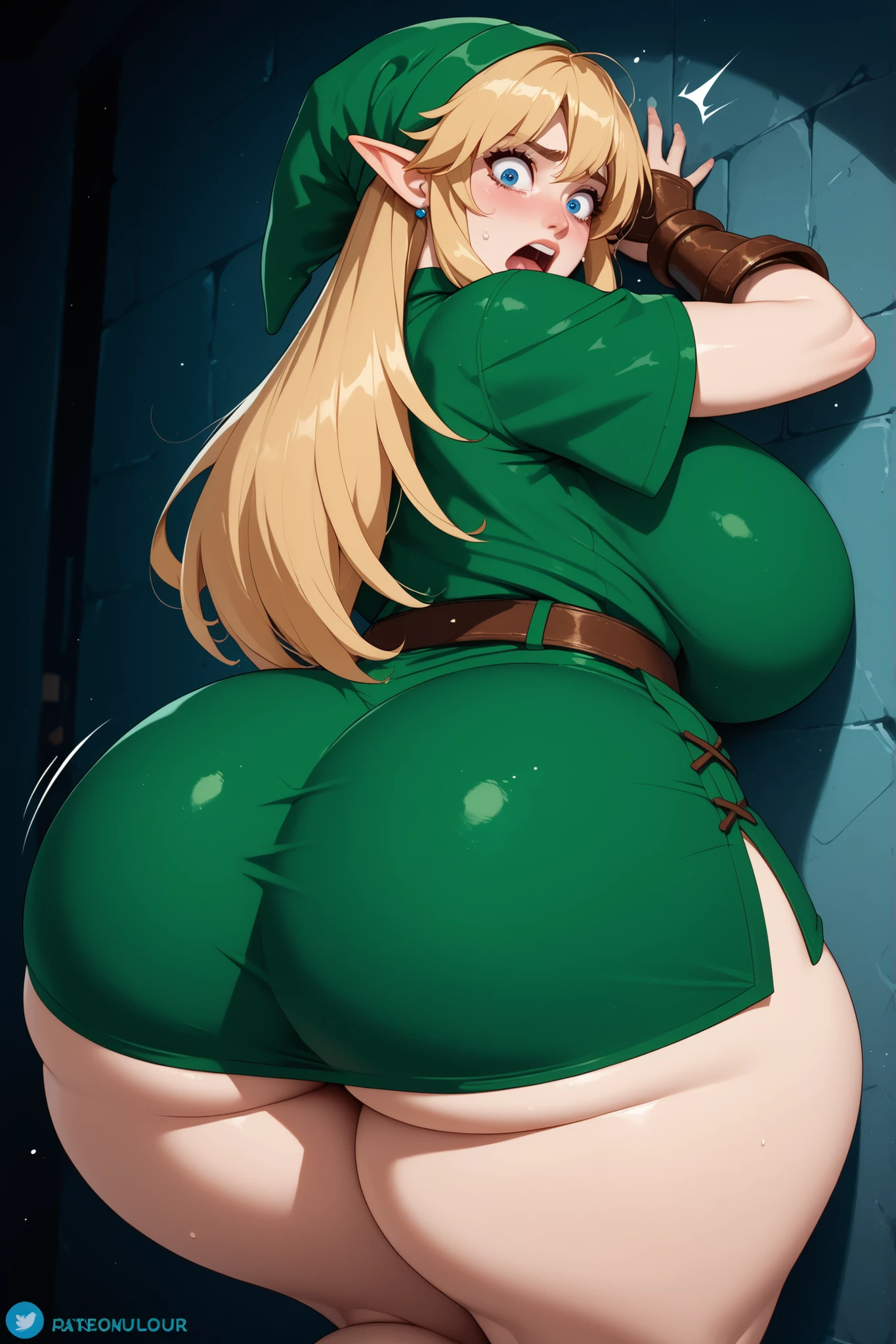 high quality, 8K Ultra HD, A hyper curvy female version of Link, wearing tight green Tunic, no pants, huge fat ass, thick thighs, big massive breasts, amazon body, long sandy blonde hair, cowering in a corner terrified, scared expression, goregous, wearing leather bracers, wearing green cap
