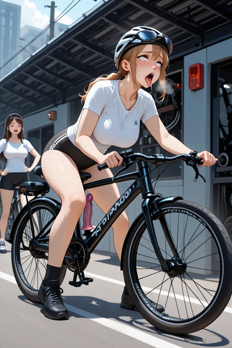 a bunch of fit sexy naked girls with large breast in a bicycle race in the middle of town