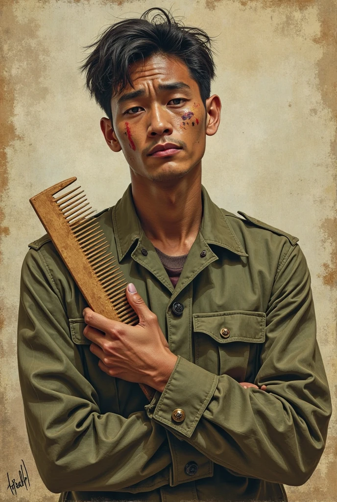  Skin color: offwhite
 muka: defined jaw, muka jovem. Bright purple right eye and scars like those on his hand. The region of this eye is also grayish.
 stubble with goatee and mustache, Wavy, neck-length brown hair with white streaks in the part where there are scars
 cos: Scrawny, slightly defined. 1,83m high.
grayish right arm up to forearm height with cracks exuding purple aura
Indeed, kor: 20 year
 Clothing from the day of the accident:
work boots, beige cargo pants, camiseta preta e máscara de pano no muka
scars on face and arm 