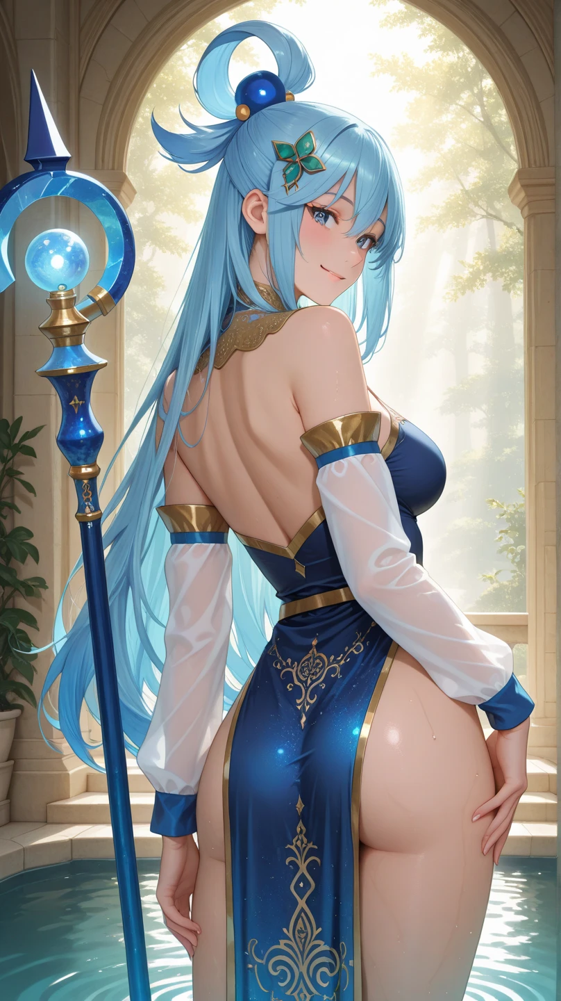 Draw Samantha, um personagem feminino com THATbelos loiros chegando até a cintura, blue colored eyes. Ela está em projeção astral em uma dimensão mágiTHAT, floating between leafy trees. She is manipulating water elemental magic producing a water bubble between her hands. Dressed in sexy light blue armor. small breasts and thin waist, big ass and hot thighs. Floating between trees. Long hair reaching to the waist. sexy warrior clothes. big and perky ass. coastal view. Using the light armor of a hot warrior. View from behind holding a sword between her hot ass. Naughty thong entering the big hot ass. big and hot ass, very sexy ass on all fours and perky. De costas com as pernas abertas e as mãos estiTHATdas para trás segurando as espadas mágiTHATs. With your hands on your ass. Vista bem de baixo foTHATndo na bunda gostosa.THAT.it was positioned on the character's feet with the focus below her legs towards her ass and pussy from behind. View from bottom to top.