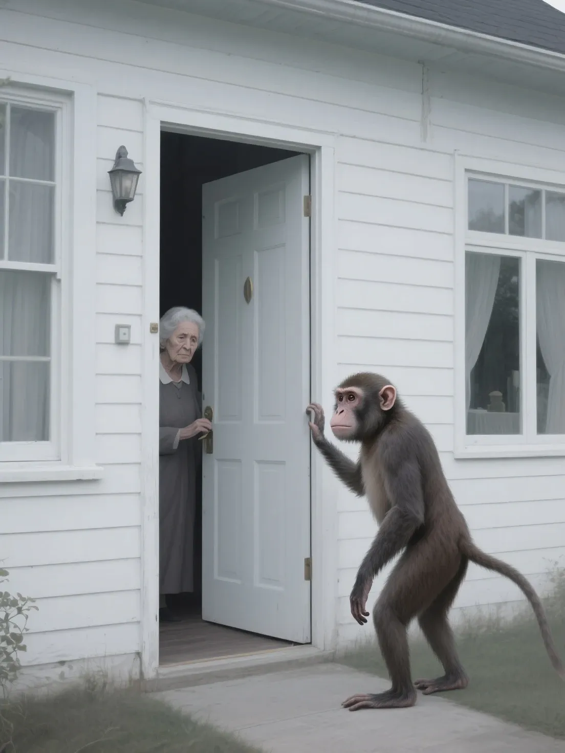 A tall white, blonde woman stands in front of a doctor&#39;s office door and the door is open and on the other side of the door she is greeted by a dark-skinned, bearded man who is short and has monkey-like features.