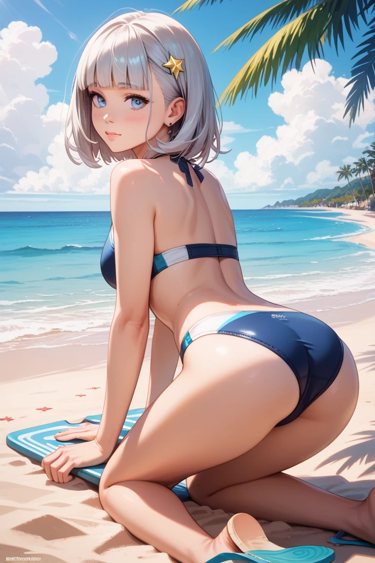 BREAK (solo:1.7), (1girl:1.7), (Perfect hands:1.2), nice hands, (beautiful fingers:1.3), (Perfect Anatomy:1.2), (masterpiece:1.3), (best quality:1.3), top quality, (ultra detailed:0.8), high resolution, HDR, CG unity 8k, POV, BREAK {asakura_tooru_theidolmstershinycolors:1.15}, BREAK ocean, cloud, blue sky, day, outdoor, sky, (beach:1.3), Quiet sea, (white sand coast:1.3) BREAK Sun light, BREAK animation, illustration, (wet:0.9), (ideal ratio body proportions:1.9), BREAK detailed face, beautiful face, beautiful detailed face, perfect face, cute and symmetrical face, baby face, BREAK blue eyes, detailed eyes, sparkling pupils, Captivating Eye Reflections, Sparkling Highlights in the Eyes, Depth and Dimension in the Pupils, Subtle Color Variations in the Iris, Meticulous Eyelash Details, Depth and Dimension in the Pupils, beautiful fine eyes, BREAK (Parted Bangs: 1.4), pixie cut, shiny hair, floating hair, (short hair:1.3), (blue hairs、gradation hair、multi color hair, Purple hair), Ahoge, beautiful hair, BREAK (medium breasts:0.2), Beautiful breasts, cleavage, BREAK slender body type, small head, seven heads, sexy body, Bewitching, Miwaki. beauty legs. Glamorous, (musculature:0.7), (Thin thighs:1.4), (Thin leg:1.4), perfectly proportions, pink lips, beautiful collarbone, beautiful body, , beautiful girl, cute, charming, detailed skin, shiny skin, nail polish, ideal ratio body proportions, barefoot, BREAK jewelry, piercing, bracelets, (pendant:1.3), (Floral pattern White bikini: 1.3), BREAK (smile:1.1), happy, Face to feel, BREAK (full body:1.7), (back view:1.7), from below, extreme close-up view, dutch angle, looking at viewer, looking back, BREAK standing, head tilt, (open stance:1.7), (arched back:1.4), (hand on hips:1.7), (Tippy Toe:1.7),