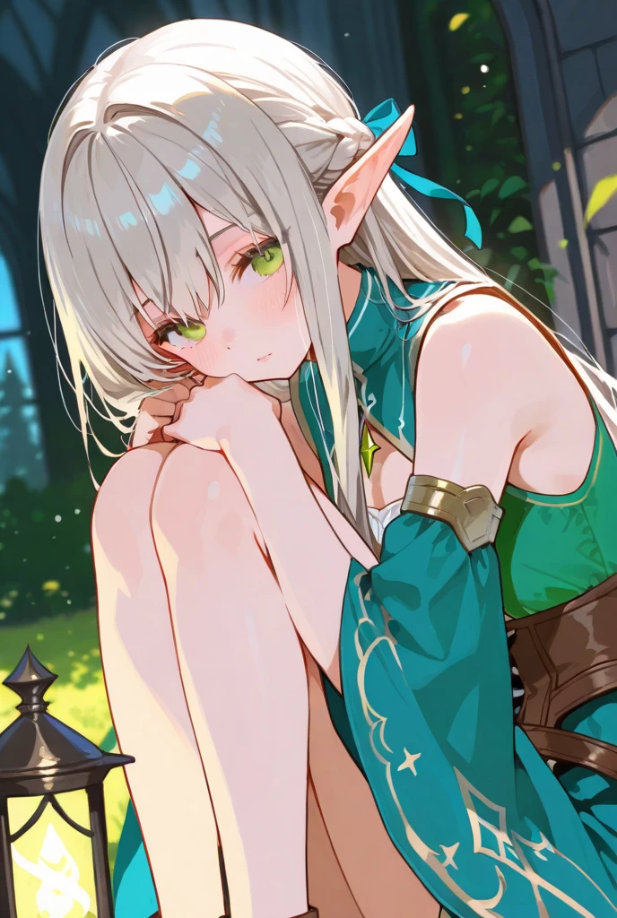 1 edge, Full-body art, elf chained, border, elf girl in shackles, squat, on the knees, Knees on the ground, bikini, camel's foot, Medium breasts, girl chained , chains, knees spread, shy and embarrassed facial expression, crowded market