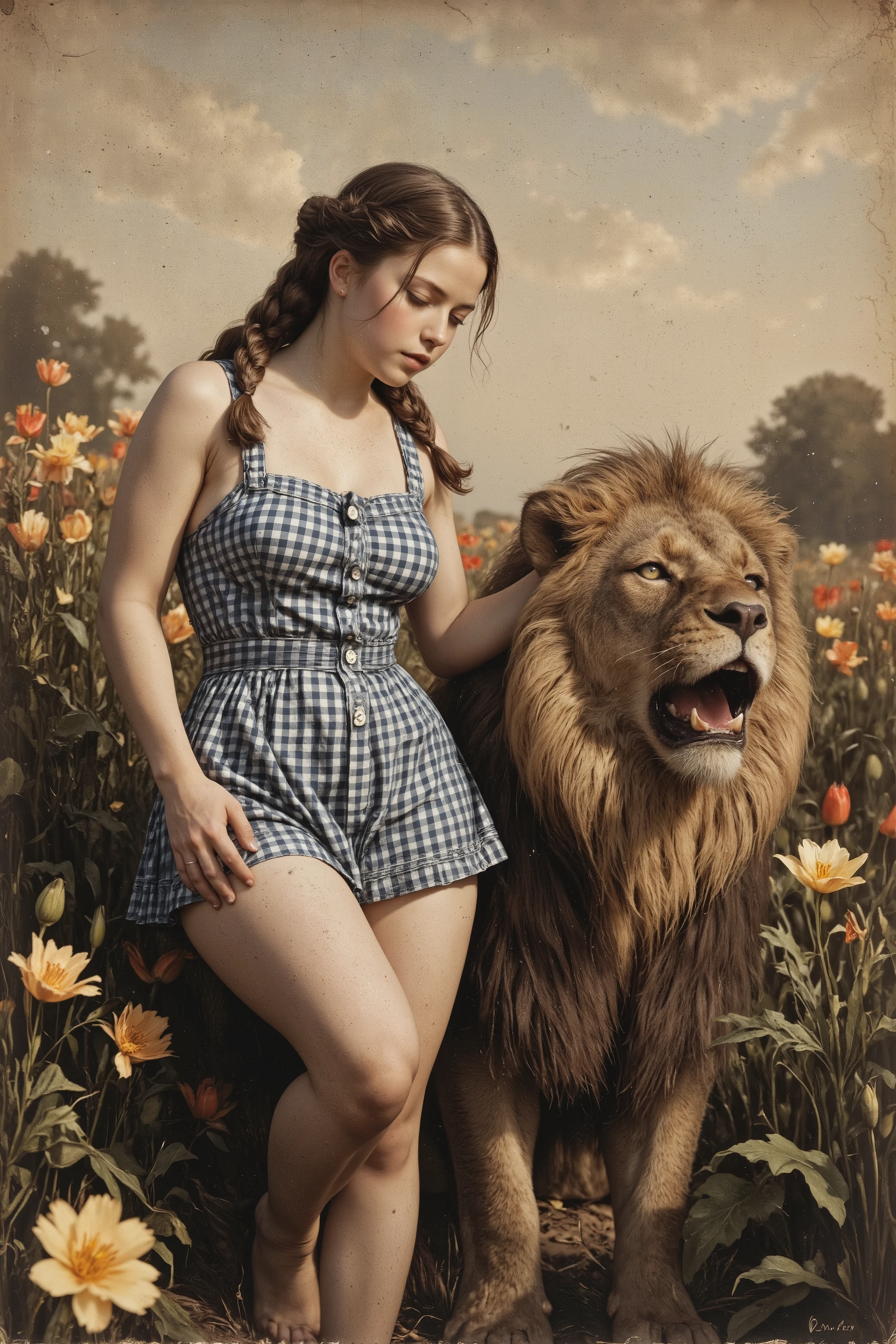 Dorothy is sex puppet, Dorothy a prostitute is raped by a cowardly lion in a poppy field,
antqgldnCE style,
nsfw,
for Adult,
Photorealism,
((A scene from a live-action movie)),
Incredibly detailed,
19th century photo, antique photo, sepia toned photo,
Dorothy has her long hair in braids,
(((Dorothy is practically naked now))),
Dorothy is wearing only a short, blue and white gingham sleeveless, collarless pinafore dress,
Dorothy is wearing nothing else,
Dorothy has no blouse,
Dorothy's shoulders are bare,
Dorothy's cleavage is visible,
Dorothy is barefoot,
Dorothy is voluptuous despite being very young,