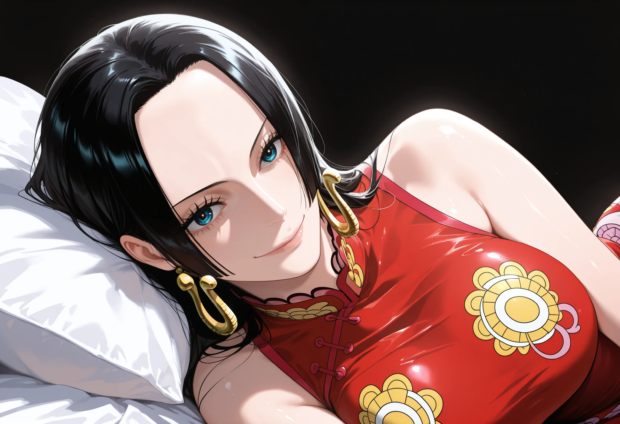 masterpiece, best quality, amazing quality, 1girl, (Boa Hancock, One Piece, Chainsaw man, blue eyes, black hair) , wearing red Chinese cheongsam, smile, close up shot, simple background, medium size , golden ratio face, Sleeveless top, side-open skirt, Pinkish skin tone, smooth and soft skin, shiny skin, lying, lying down, lying on bed