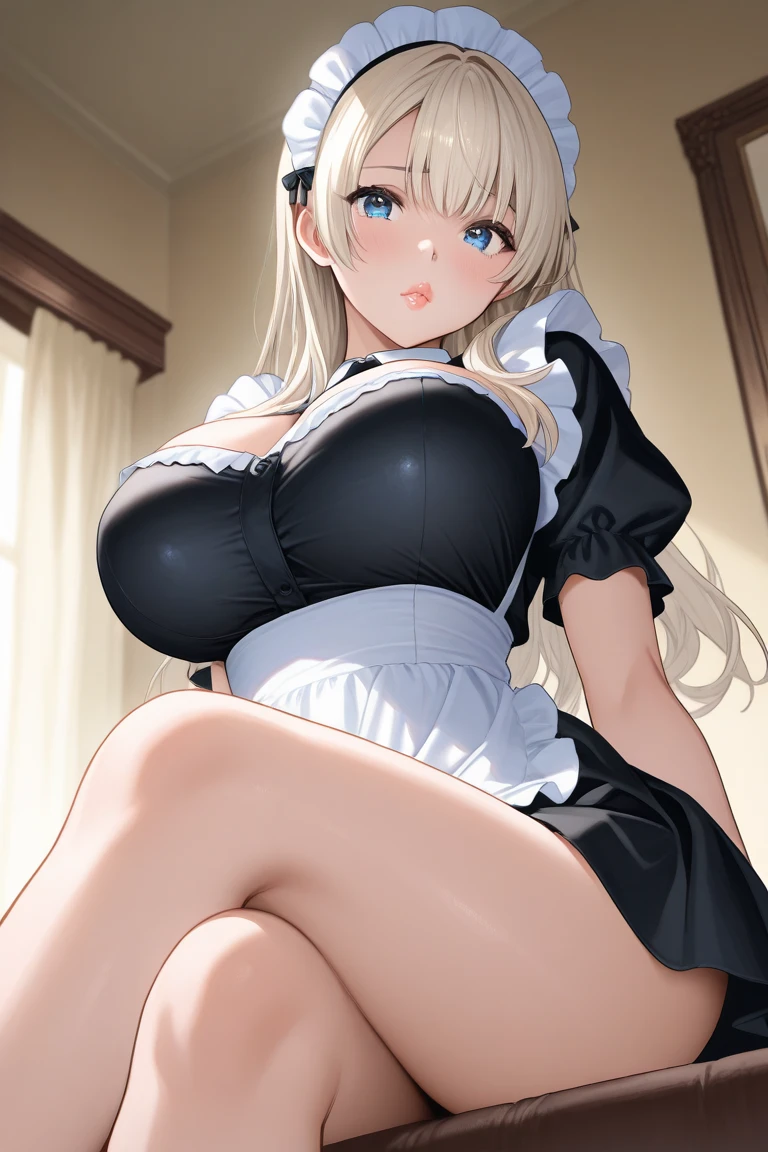 muste piece、masterpiece、highest quality、Super detailed、High resolution、8K portrait、High definition CG of Unity 8k wallpaper、cute type little:1.5、Lori:1.5、Highly detailed CG unity 8k wallpaper、Realistic、real person、 portrait photography、shiny skin、High definition、(:1.2)、(1 girl)、beautiful clear eyes、extremely detailed description、delicate face、nice lips、slender body、big breasts 同 thin waist、thin legs、(Hallway of the mansion:1.6)、1 girl, cute type, perfect face, seriously, (blush:1.5),(Golden hair ponytail:1.3),big breasts 同,((Maid clothes:1.2)),black dress,((clothes lift:1.5)), (I have nipples:1.2),((climax in vagina:1.5)),(from front:1.2),gran,(Absolute area:1.2),(leaning forward:1.2)