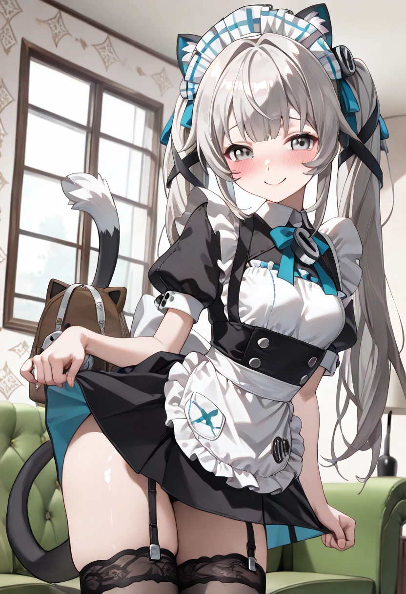 ((masterpiece)), ((best quality)), ((highres)), ((extremely detailed CG unity 8k wallpaper)), solo, Toujo koneko, cabelo branco , orelha de gato, nekopara outfit, white apron, blush, perverted, bathroom, white leggings, smile, cat pupils, slit pupils, cat eyes, purple tail