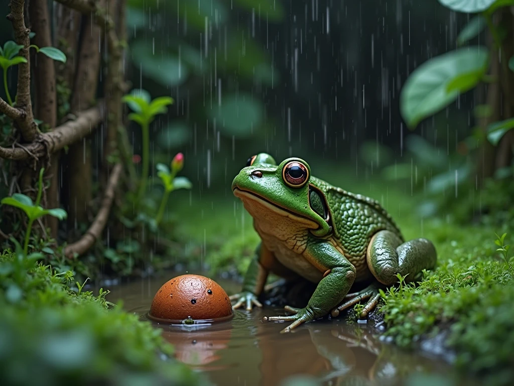 forest rainy day, night time, wet atmosphere. Greenish everywhere, A trippy toad looking at me. 