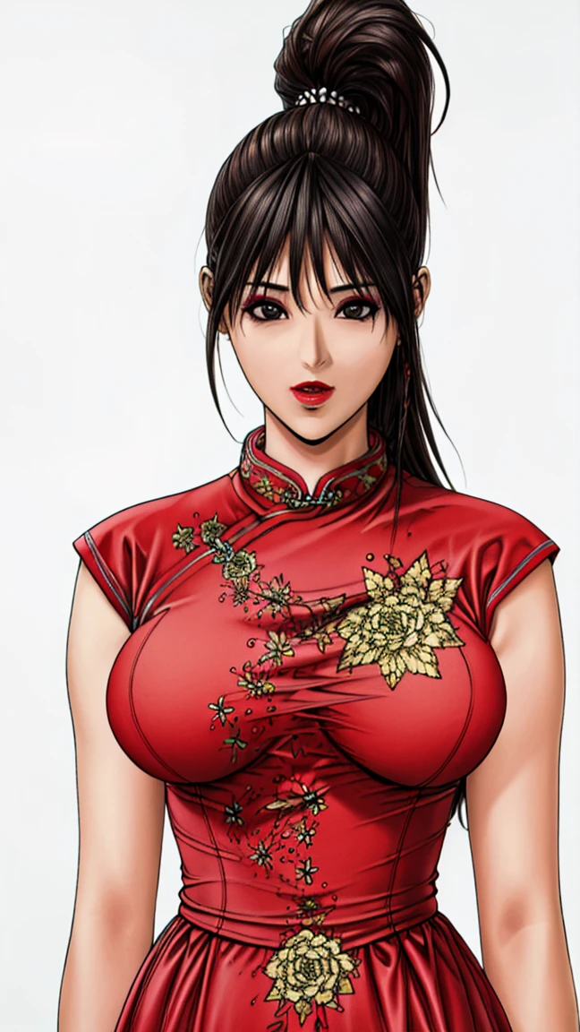 Beautiful woman Chunli She is wearing a shiny red long-sleeved Chinese dress. She is wearing red shiny Chinese pants that expose her genitals.