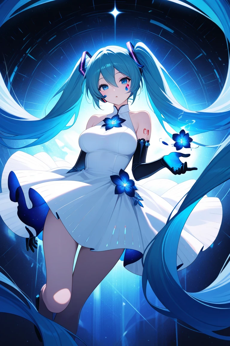 Super Idol　a beauty girl　A charming smile　sky blue hair　length hair　Twin-tailed　Bright green and white costume　Mystical　Fantasia　constellation　a moon　Crystal Brilliance　

Spirit of Polar Light
World of ice and snow
The power of light and magic
Guardian of nature
Symbol of good luck or blessing
Butoh and music
Fantastic existence
Polar Fairy
Arctic and Antarctic
Beauty and mystique