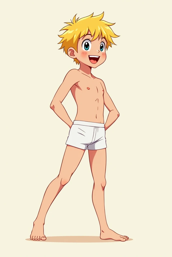 solo, The Q version of the cute human, male, orange hair, freckles, short hair, round eyeglasses, big eyeglasses, human ears, standing, hands in hips, smiling, happy, smile, cute, white background, naked, nude, full body, small anus, small balls, small penis, flaccid penis, shorstack, chubby, big butt, behind view, back view,