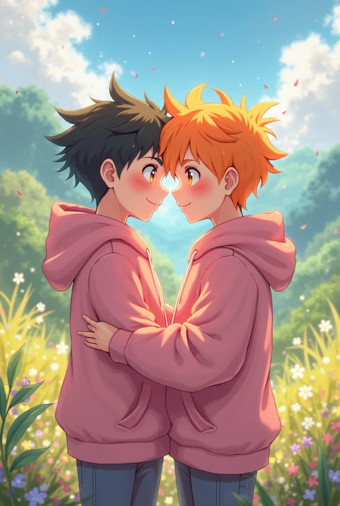 Gay couple, two age boys, a red-haired boy holding the hand of a black-haired boy