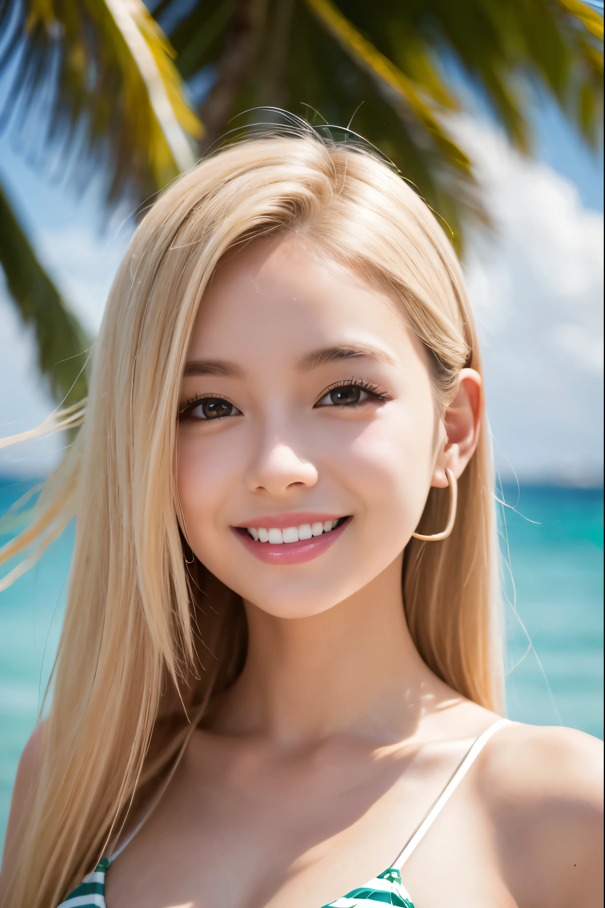 Japanese、18-year-old、Very slim、Blonde、（（Swimwear））、((Smiling))、Round jaw、Thin legake your breasts very big、