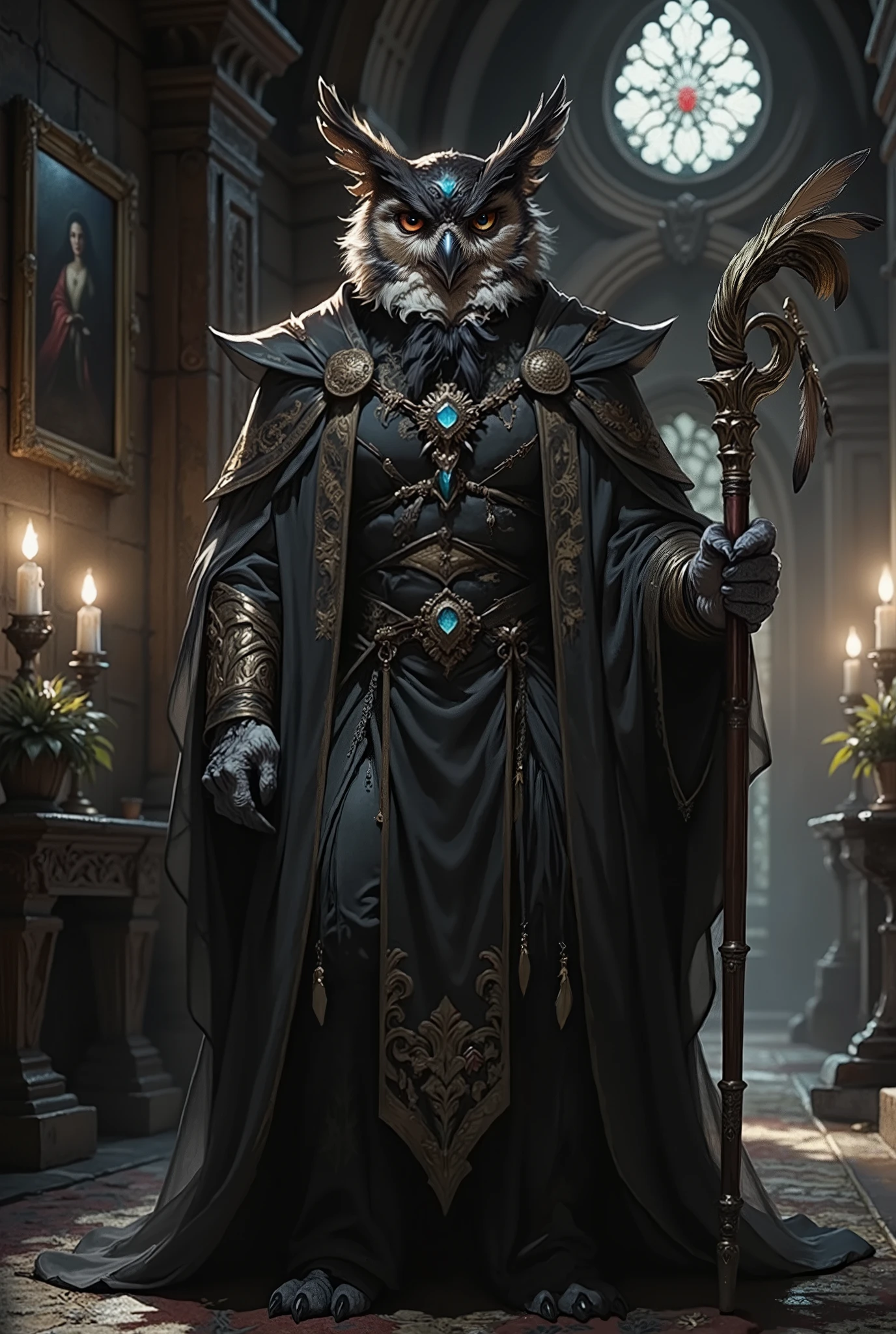 {{A ((mysterious and regal)) depiction of {((an anthropomorphic owl butler perched in a gothic mansion))}}} with {((a flowing cloak, gemstone brooch, and feather-detailed staff))}. This is a {((dark fantasy))}-inspired image that showcases {((magical realism in character design))}. The environment/background should be {((a shadowed, candle-lit corridor with stained glass windows and old portraits))} to create an {((eerie and majestic mood))}. The image should be in the style of a {((pencil sketch with cross-hatching))}, incorporating elements of {((H.R. Giger, Dark Souls, and classic inked fantasy art))}. The {((close-up))} shot, captured with a {((macro lens))}, will provide a {((detailed and intimate perspective))}. The lighting should be {((dramatic chiaroscuro))}, emphasizing {((sharp contrasts in texture and tone))}. The desired level of detail is {((ultra-fine))} with a {((8K))} resolution, highlighting {((feather texture, intricate costume embroidery, and architectural elements))}. The goal is to create a {((haunting and awe-inspiring))} image that captivates viewers with its {((depth and mystery))}.