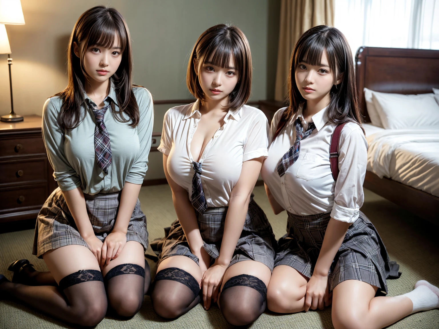 masterpiece, Highest quality, figure, Very detailed, The finer details, High resolution, 8k,wallpaper, Perfect dynamic composition,(Detailed high quality, Realistic depiction of eyes:1.3), (Three Girls), A white, sleeveless, see-through, tight shirt with buttons on the collar and chest., Grey tight skirt, Seraphim, Sitting, Leg spread, Short Bob Hair, In the background a hotel room, Deep in the field, Large Breasts, Black hair color, Big Natural Color Lip, (Perfect figure), smile、Harajuku Style、Elementary school girl in Japan:1.3), Adorable expression、Expressions of happiness、、height: 145cm、Baby Face、Amazingly cute、Cute type、Beautiful feet, Idol Sculpture、(Big Breasts)、(Erect nipples:1.1)