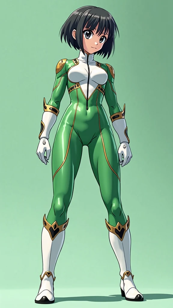 top-quality, Top image quality, masterpiece, character sheet, Full body, full of details, multiple poses, highly detailed, depth, many parts, one girl, solo, Standing, backgroun ruin temple, front view,body facing forward, power ranger, Ranger green, Headgear Helmet Green Power Ranger, no hair out, Green Mask cover face, Covering all face, mini skirt, big boob